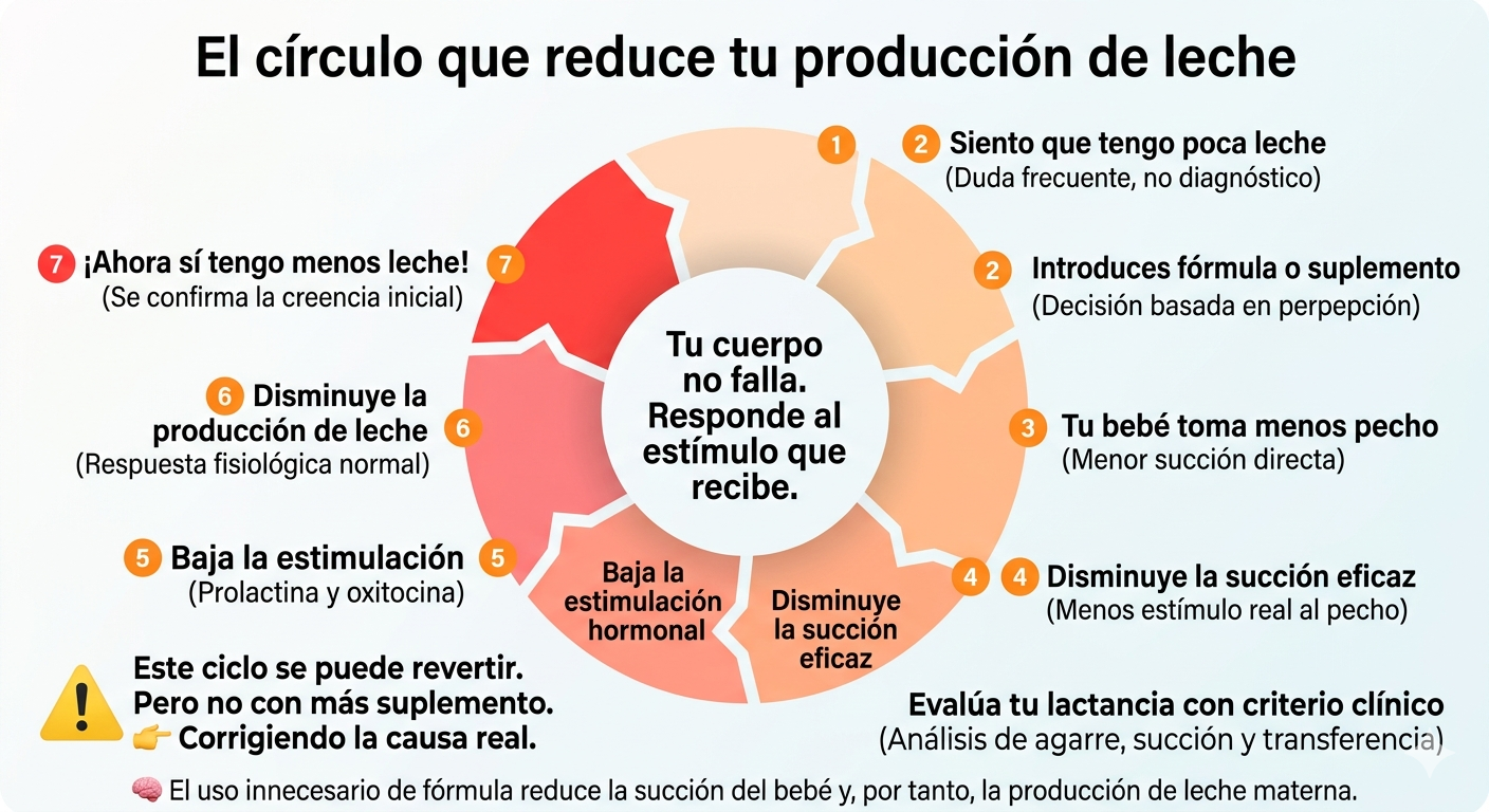Infografía sobre el ciclo de reducción de leche materna por uso de fórmula, explicando la relación entre succión, estímulo hormonal de prolactina y oxitocina, y producción láctea