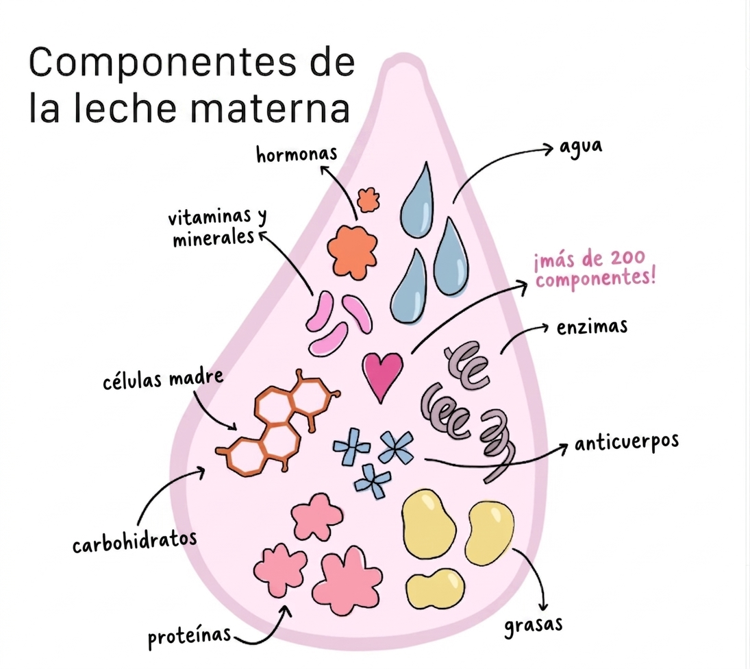 Ilustración de una gota de leche que contiene diversos elementos bioactivos etiquetados. Los componentes listados incluyen agua, hormonas, vitaminas, minerales, enzimas, anticuerpos, grasas, proteínas, carbohidratos y células madre. Una etiqueta central destaca que la leche humana posee más de 200 componentes, representados por iconos que simbolizan la diversidad molecular del fluido.