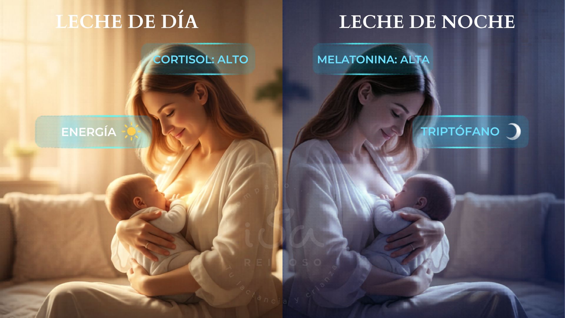Infografía dividida que compara la composición de la leche humana según la hora del día. A la izquierda, bajo el título "Leche de día", se destaca la presencia de cortisol alto y componentes energéticos. A la derecha, bajo "Leche de noche", se señalan niveles altos de melatonina y triptófano. La imagen muestra a una mujer amamantando en ambientes de luz diurna y nocturna, enfatizando cómo la leche materna actúa como un cronobiomarcador para el lactante.