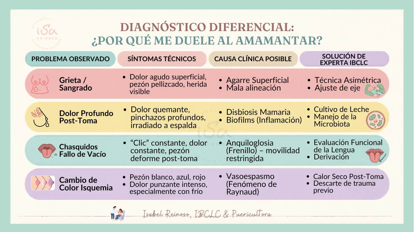 Infografía clínica de Isabel Reinoso, IBCLC, sobre el diagnóstico diferencial del dolor al amamantar. La tabla detalla cuatro escenarios: grietas por mal agarre, dolor profundo por disbiosis mamaria, chasquidos por anquiloglosia y cambios de color por vasoespasmo, especificando soluciones técnicas como ajustes de eje, cultivos de leche y evaluación funcional de la lengua.