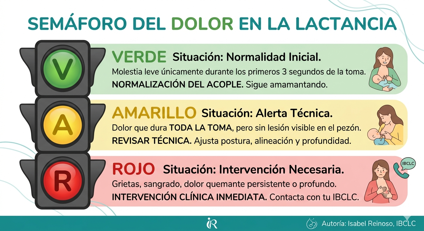 Gráfico del semáforo del dolor en la lactancia para diagnóstico diferencial. Verde: Molestia leve inicial que desaparece al normalizar el acople. Amarillo: Alerta técnica, dolor persistente durante la toma que requiere revisión de postura y alineación. Rojo: Intervención clínica necesaria ante grietas, sangrado o dolor profundo, sugiriendo contacto inmediato con una IBCLC.