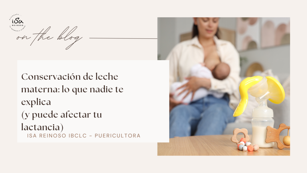 Portada de blog sobre conservación de leche materna con madre amamantando y sacaleches manual para extracción y almacenamiento seguro de leche materna durante la lactancia.