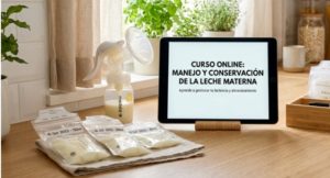Curso online sobre conservación de leche materna con sacaleches y bolsas de almacenamiento de leche materna extraída para manejo seguro durante la lactancia.