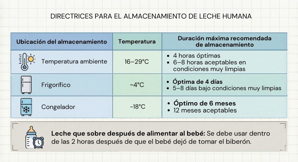 Una tabla de directrices sanitarias para el almacenamiento de leche humana sobre un fondo de cuadrícula. La tabla tiene tres filas. Fila 1: Ubicación: Temperatura ambiente (16-29°C); Duración óptima 4 horas, 6-8 horas aceptables en condiciones muy limpias. Fila 2: Frigorífico (~4°C); Duración óptima 4 días, 5-8 días bajo condiciones muy limpias. Fila 3: Congelador (-18°C); Duración óptima 6 meses, 12 meses aceptables. Debajo de la tabla principal, una sección destaca: Leche que sobre después de alimentar al bebé: Se debe usar dentro de las 2 horas después de que el bebé dejó de tomar el biberón.